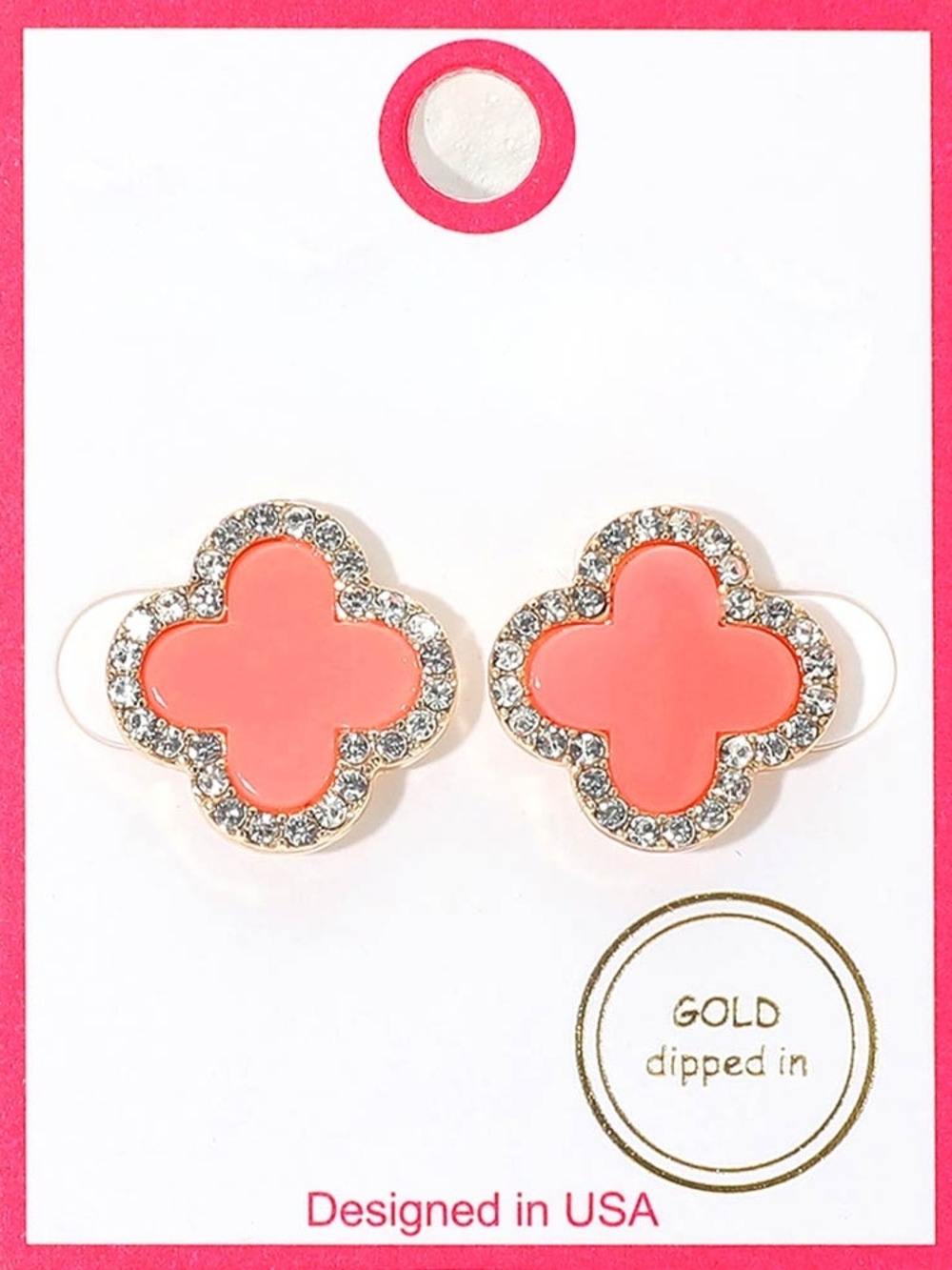 Pink Gold Dipped Rhinestone Trim 0.7" Quatrefoil Stud Earrings Clover Jewelry